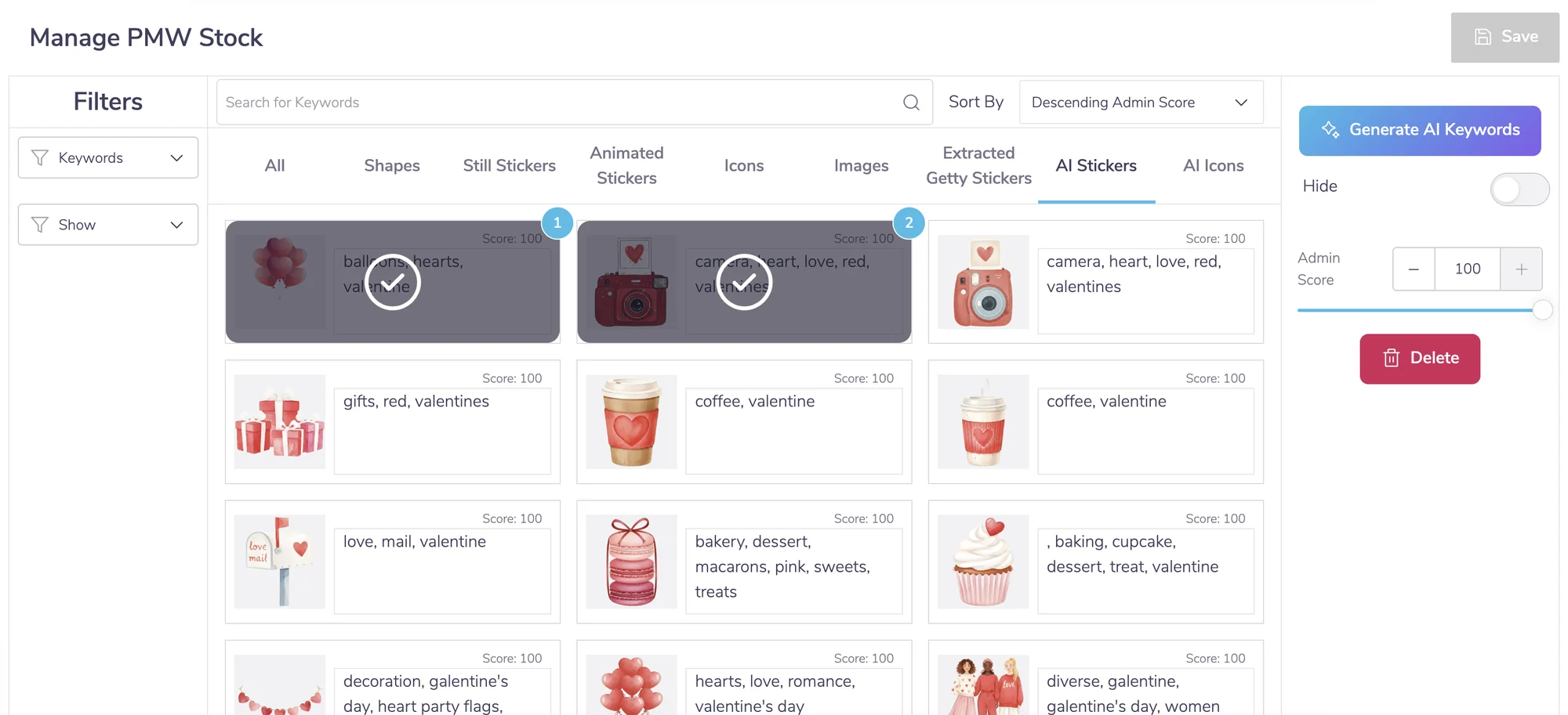 Admin dashboard for managing stock stickers with keywords and scores
